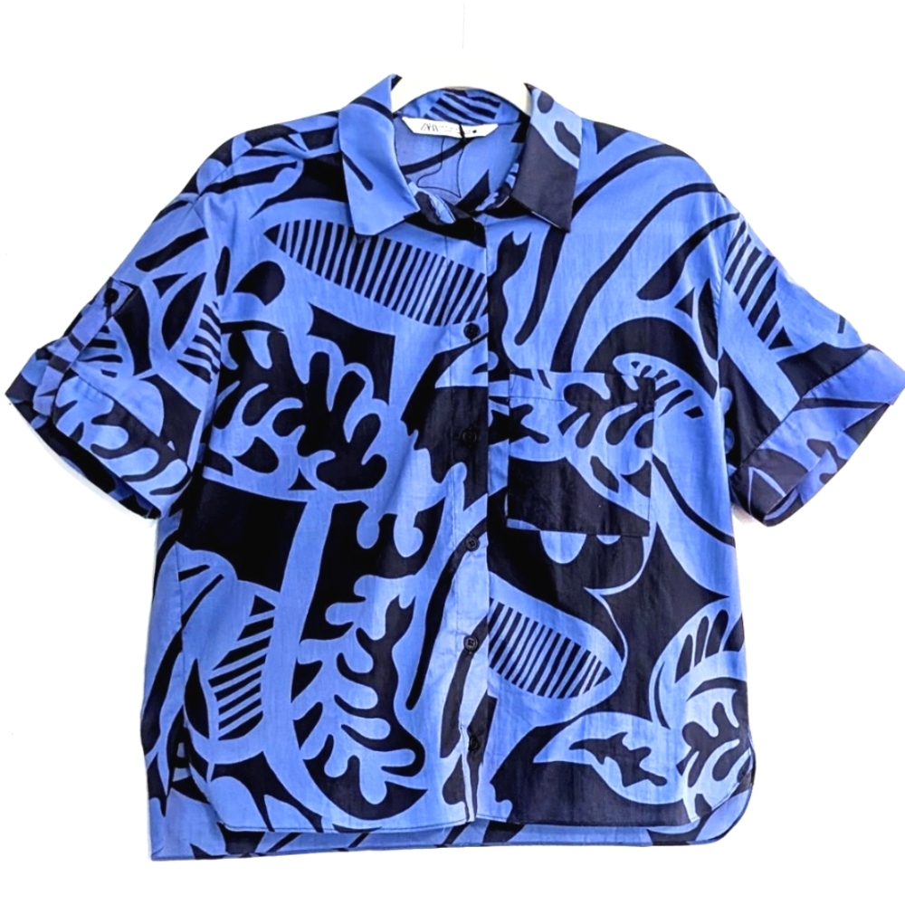 ZARA Women's Abstract Print Button-Up Shirt Blue Black Cotton Size M
